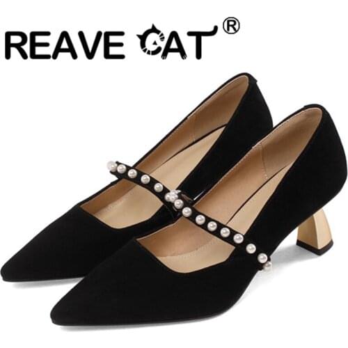 REAVE CAT 2021 New Genuine Leather Concise Pumps Pointed Toe Slip On Beading 6cm Strange Heel Shoes Size 33-40 Black Beige A4286