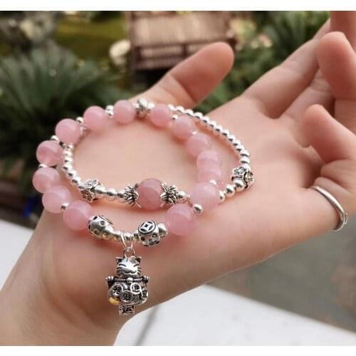 Sterling S925 Silver Bracelet Womens Pink Crystal Beads 10mm Luck Cat Wealth Link