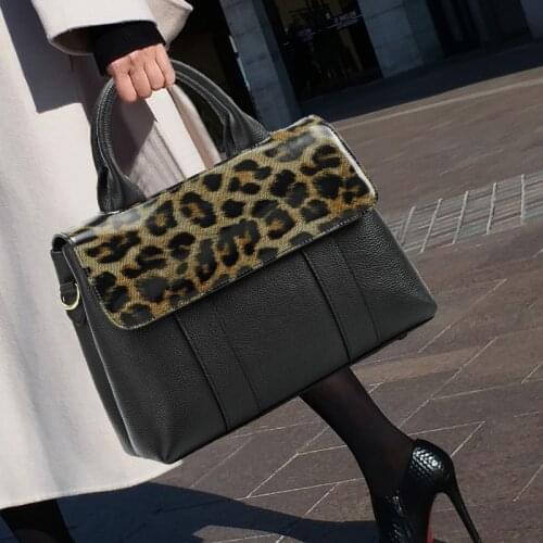 Genuine Leather Briefcase Women Handbag Large Capacity Ladies Portable Leopard Print Cowhide Shoulder Crossboby Bags 2021 New