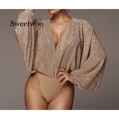 Deep V-Neck Patchwork Sexy Bodysuit Women Fashion Long Sleeve Loose Women Rompers Spring Casual Bodysuit Jumpsuit 2020