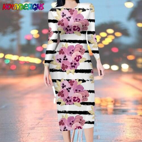 NOISYDESIGNS Pansy Flowers Pattern Pink Pencil Elastic Dress Women Dresses Work Bodycon Vestidos New Bag Hip Long Sleeve Dresses