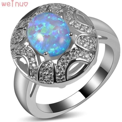 Weinuo Oval Blue Opal White Crystal Ring 925 Sterling Silver Top Quality Jewelry Wedding Ring Size 5 6 7 8 9 10 11 A277