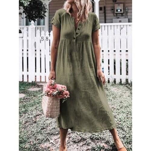 2021 Summer Womens Solid Color Short-sleeved Round Neck Loose Long Dress Verano Mujer Dress Big Size Blue Dress