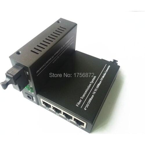 1 Pair 10/100M 4 RJ45 1 SC Singlemode Single Fiber Optical Media Converter 20KM for HD Camera Fiber Transimission System