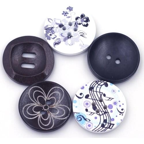 10PCS 30mm Round Wooden Buttons 2/4 Holes Patterned DIY Coat Handmade Scrapbook Sweater Bag Decoration Repair Sewing Accessories