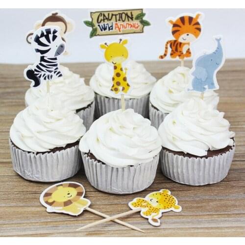 24pcs Jungle Party Safari Cupcake Toppers Baby Shower Party Elephant/Lion/Tiger/Dinosaur Decorations Animal Party Cake Toppers