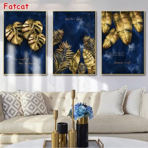 5D Diamond Embroidery Gold Leaf Blue Art Diamond Painting Full Square Round Plant DIY Rhinestones Art New Arrival Handmade PP457
