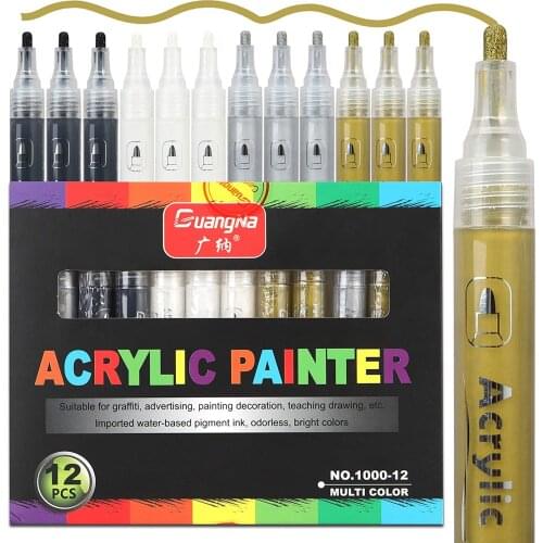 Acrylic Paint Pens 12 Pcs (3 Black 3 White 3 Gold 3 Silver) 3mm Permanent Painting Marker DIY Craft for Rock Ceramic Glass Wood