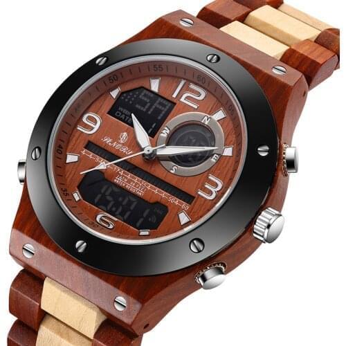 Real Wood Watch Men Dual Time Display Digital Wooden Wristwatch Relogio Masculino Solid Natural Wood Watch Male Back Light Clock