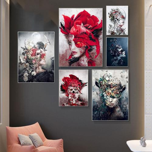 Woman Face Creative Canvas Wall Art Painting and Animal Flower Skull Fusion Posters HD Print for Living Room Home Decor Picture