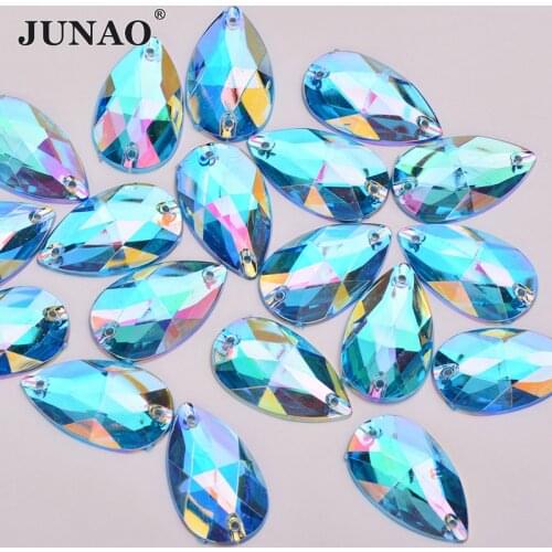 JUNAO 17x28mm Aqua Blue AB Crystal Big Drop Rhinestones Sewing Strass Applique Flat Back Gems Acrylic Crystal Stones for Crafts