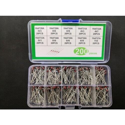 200pcs Zener Diode kit 1W 3.3V/3.6V/3.9V/4.3/4.7/5.1/5.6/6.8/7.5V 1N/4728A 4729A 4730A 4731A 4732A 4733A 4734A 4735A 4736A 4737A