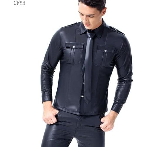 Men Trend Wet Look Patent Leather Shirt Adult Party Shirt Turn-down Collar Long Sleeve Button Down Slim Fit Nightclub Shirts