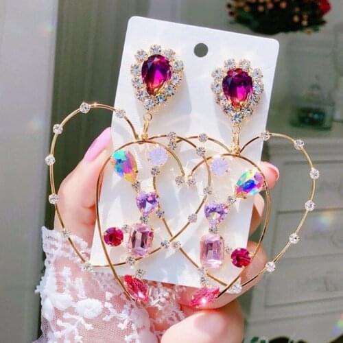 New Korean Exaggerated Love Heart Crystal Earrings for Women Fashion Heart Pendant Shining Dorp Earrings Jewelry