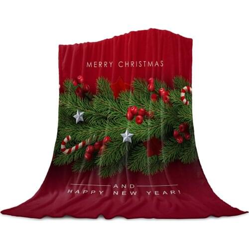 Christmas Tree Pine Needles Candy Bow Throw Blanket for Sofa Christmas Decoration Bedspread Portable Microfiber Flannel Blanket