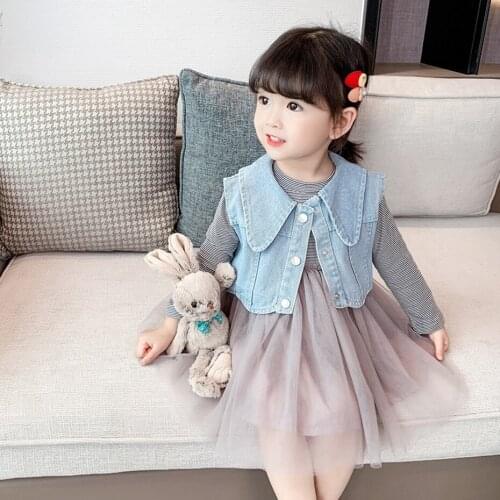 Girls Clothes Solid Color Girl Clothes Denim Vest + Mesh Dress Clothes For Girls Toddler Childrens Suits
