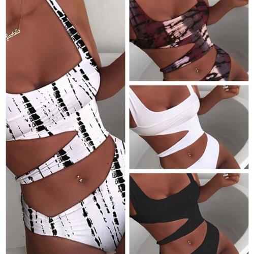 Sexy Women’s One-piece Bikini Push Up Padded Swimwear Solid Color/Printing Hollow Backless High Waist Swimsuit Ladies Beachwear