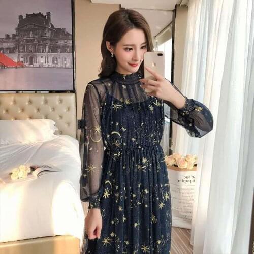 Awe-inspiring star moon embroidery mesh long sleeve stand collar elegant sweet party loose dress Midi dress Black Grey Beige