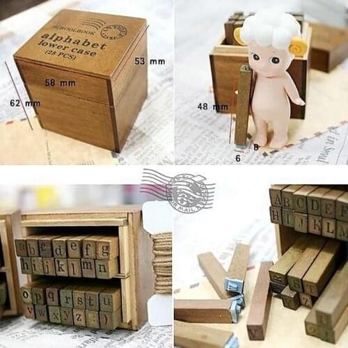 28Pcs Dairy Wooden Rubber Stamps Uppercase Lowercase Alphabet Letter Retro Stamp