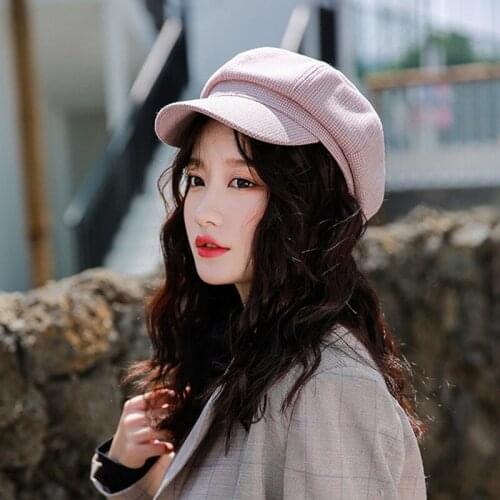 Hat Female 2020 New Style for Autumn and Winter Brushed and Thick Lattice Octagonal Hat Knitted Cashmere Newsboy British Beret