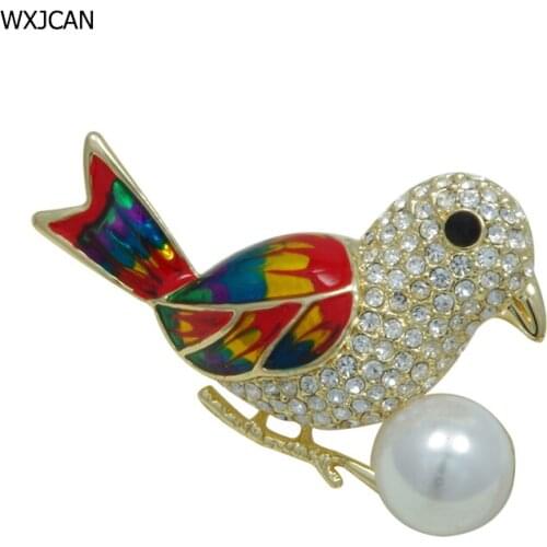 WXJCAN bird parrot brooch women Rhinestone body Enamel wing and simulated-pearl brooch jewelry Size 50mm*30mm