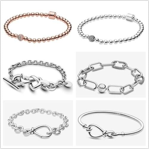 925 Sterling Silver Knotted Heart Heart-embellished T-clasp Link Pan Bracelet Fit Women Bead Charm Jewelry