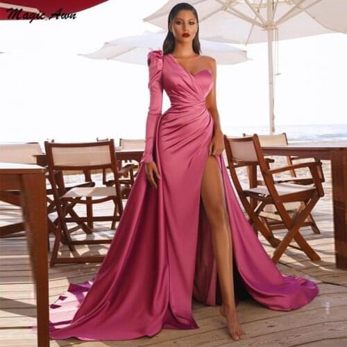 Magic Awn Chic One Shoulder Prom Dresses Side Split Long Sleeves Overskirt Vintage Evening Paty Gowns Princess Vestido De Fiesta