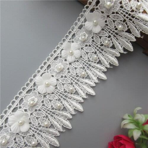 1 yard White Polyester Pearl Flower Embroidered Lace Trim Ribbon Fabric Handmade Garment Wedding Dress Sewing Craft 7.2cm Width