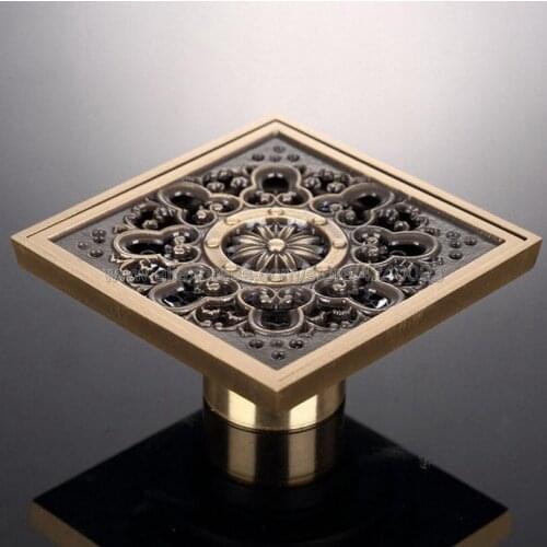 10 cm Square Antique Brass Shower Drain Hair Strainer Art Carved Bathroom Accessories Waste Grate Floor Drain Cover Khr031