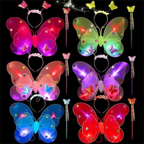 3pcs/set Girls Led Flashing Light Fairy Butterfly Wing Wand Headband Light Up Funny Educational Led Luminous Toys For Kids