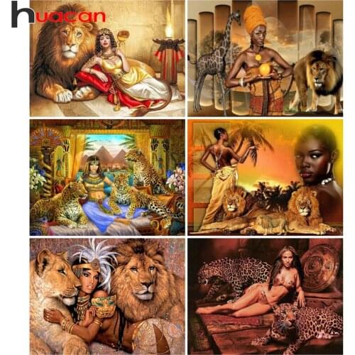 Huacan 5D Diamond Painting Woman Cross Stitch Diamond Embroidery Lion Mosaic Leopard Room Decor Handcraft