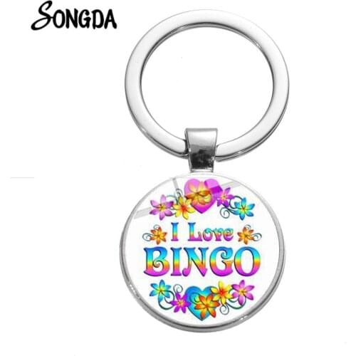 Bingo Queen I Love Bingo Keychain Popular Game Card Cartoon Pattern Glass Dome Alloy Key Chain Funny Toy Party Key Holder