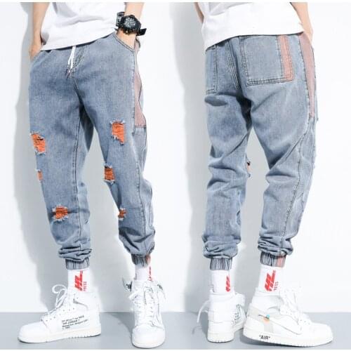 Hole Denim Jeans For Men 2020 Hombre Clothing Baggy Ankle Banded Pants Korean Fashion Casual Trousers Drawstring Elastic Waist
