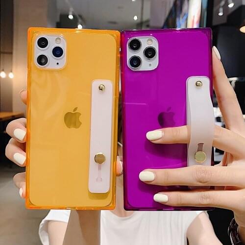 Fluorescent Square Clear Phone Case For iPhone 12 11 Pro Max XR XSMax 7 8Plus SE 2020 With Wrist Strap Soft TPU Protection Cover