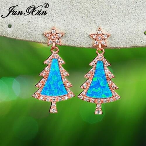 Cute Christmas Tree Stud Earrings For Women Men White Gold Rose Gold Color Blue Fire Opal Earrings Wedding Star Earring Jewelry