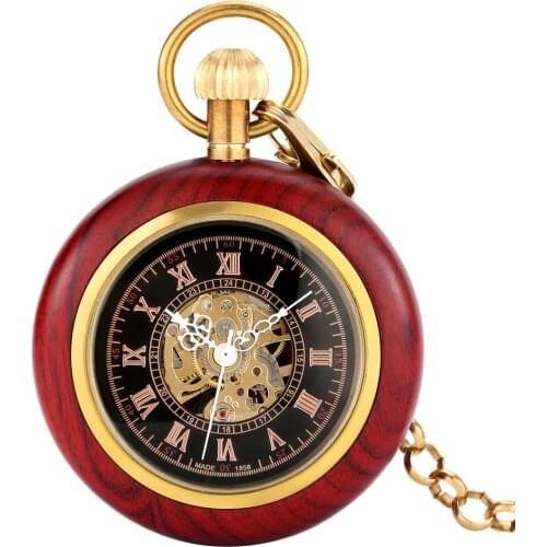 Fashionable Retro Red Sandalwood Case Mechanical Pocket Watch Men Convenient Automatic Roman Black Dial Eco-Friendly Present
