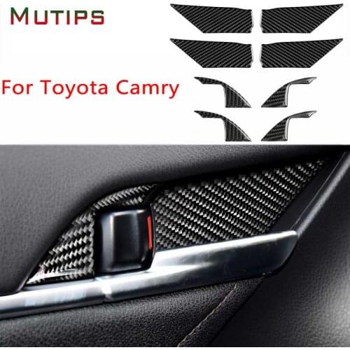 Mutips Car Door Bowl Handle Panel Cover 8 pcs Inner Trim Frame Carbon Fiber Sticker Accessories Auto For Toyota Camry 2018 2019