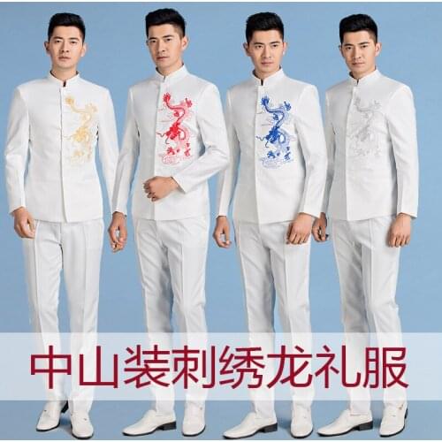 Mens chinese tunic suit costume male terno masculino slim fit suit set mens formal dress stage clothes stand collar white S 2XL