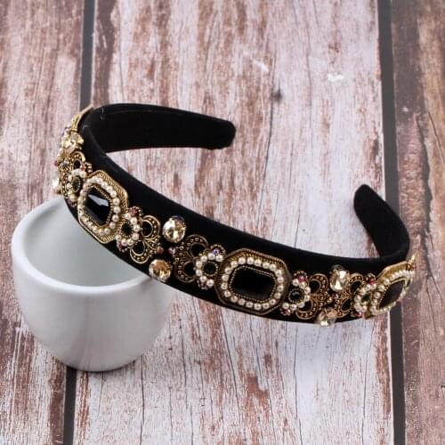 Fashion Rhinestone Flower Leaf Alloy Metal Charm Hairbands Hair Jewelry Simulated Pearl Bead Vintage Crystal Headbands for Women