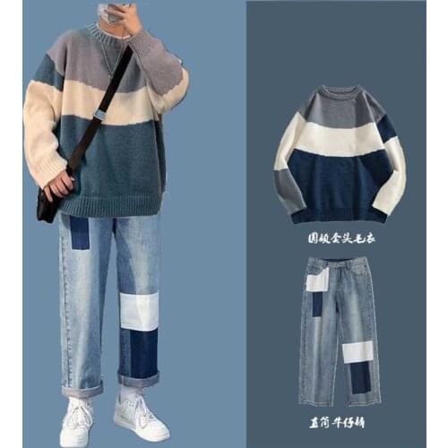 Autumn winter two-piece men pullover striped sweater handsome patchwork jeans oversized student clothing casual male suit