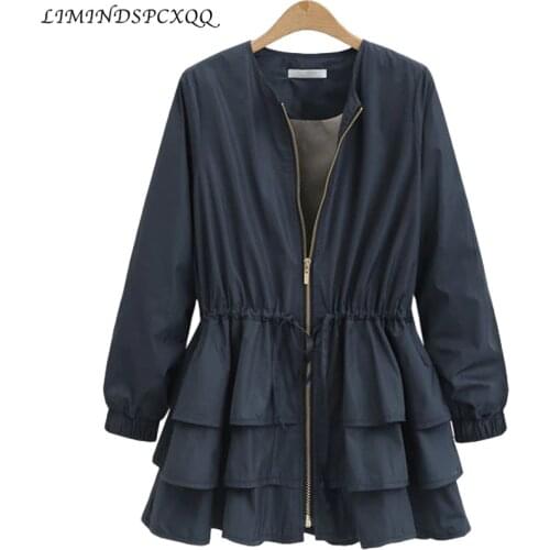 Autumn Fashion Tide Black O-neck Jacket Women Long Sleeve Patchwork Cascading Ruffles Loose Big Size Woman Coat Vetement Femme