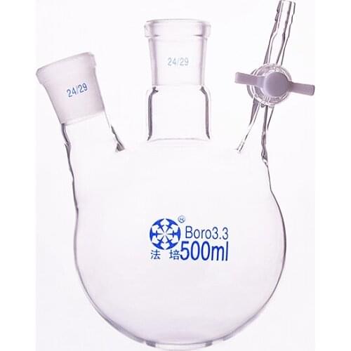 Two-necked reaction bottle oblique shape,Capacity 500ml,Joint 24/29,PTFE switch valve,Two-port reaction flask