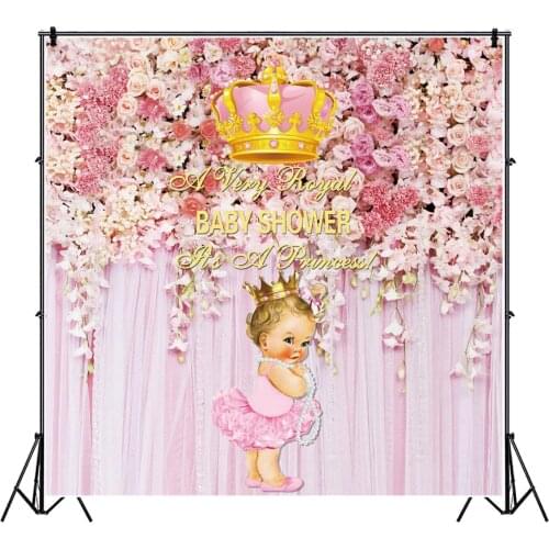 Pink Baby Shower Backdrops Photography Royal Princess Party Decoration for Girl Gold Crown Background Phonecall Birthday Flower
