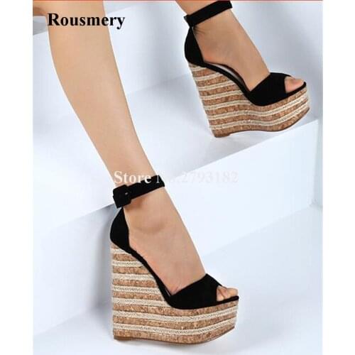 New Fashion Women Open Toe Suede Leather High Platform Straw Bottom Wedge Sandals Ankle Strap Super High Wedge Sandals
