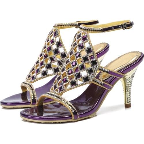 2019 Womens Summer Purple Plaid Pattern Sandals Non-slip Party Dinner Fine Shoes Heel Shoes Latin Dance Sandals Stiletto Shoes