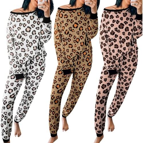 Spring Autumn Women Casual Cotton Blend Home Wear 2 Pieces Outfits Leopard Set Pullover Long Sleeve O Neck Tunic Long Trousers