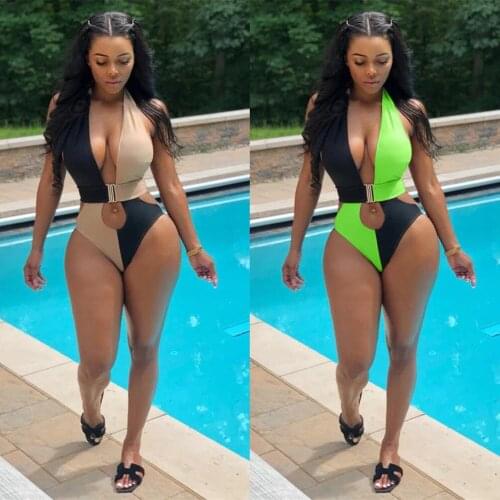 Sexy Hater Open Back Swimwear Bodysuit Woman Club Bikini One Piece Swimsuit Patchwork Deep V Neck Summer Beach Wear Bathing Suit