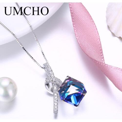 UMCHO 925 Sterling Silver Blue Crystal Cube Drop Pendant Necklace Romantic Wedding Gifts For Women Girls Princess Fine Jewelry