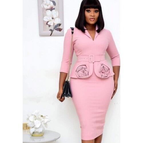 African Womens Midi Dresses Office Ladies Elegant Temperament Dress V-Neck Slim Bag Hip 3/4 Sleeves Printed Business Dress Fas