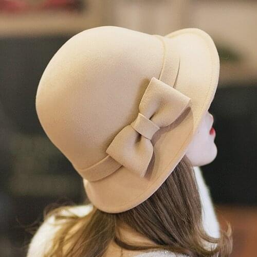 Winter wool bucket hat for women British dome homburg basin edge bowknot cap for women